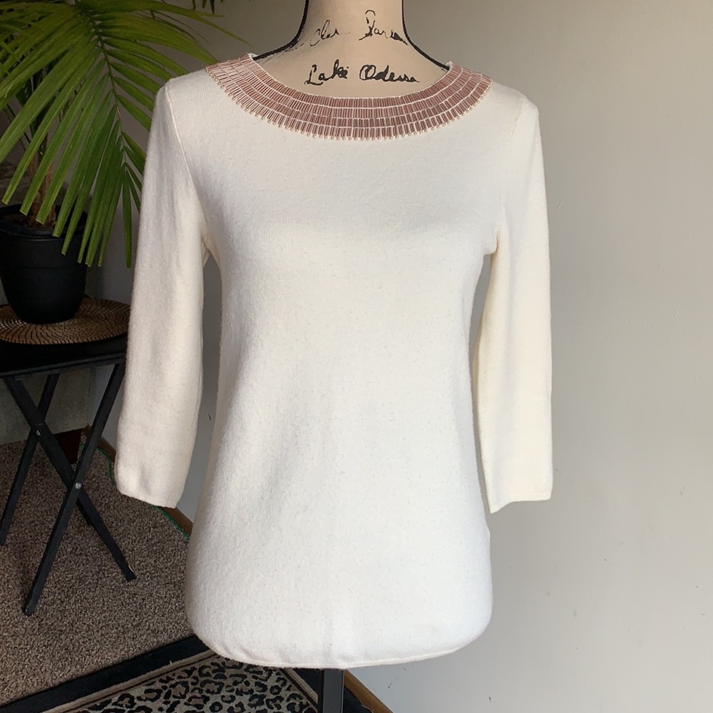 Boden Sweater Jeweled Pearl Collar Rose And Cream Sz 6